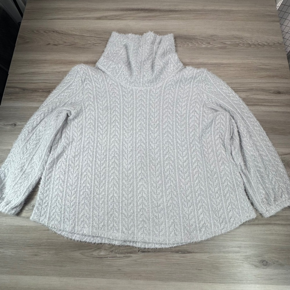 Ruby Rd. Woman Gray Cable Knit Faux Fur Trim Turtleneck Sweater 3X Cottagecore